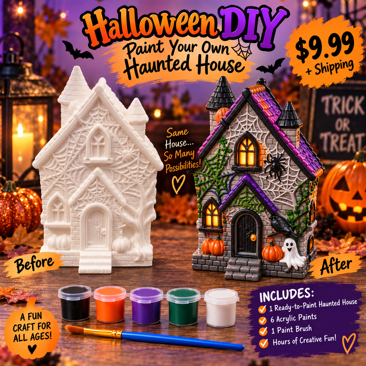 3D haunted house Halloween DIY paint kit before and after