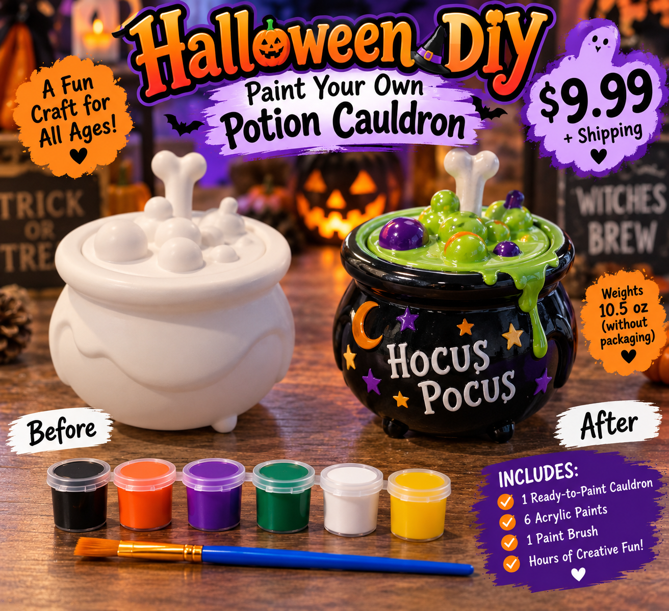 Halloween potion cauldron DIY paint kit before and after