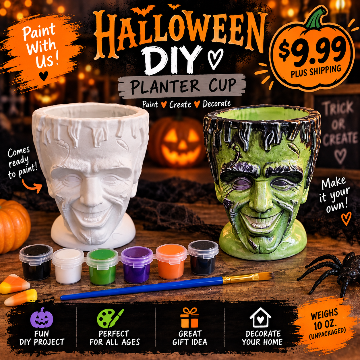 Frankenstein Halloween DIY planter cup paint kit