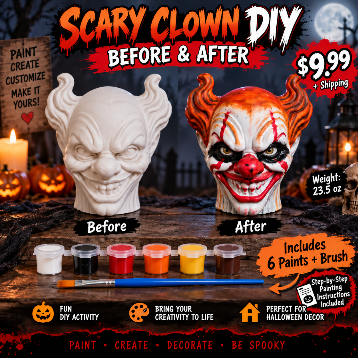 Scary clown Halloween DIY paint kit before and after
