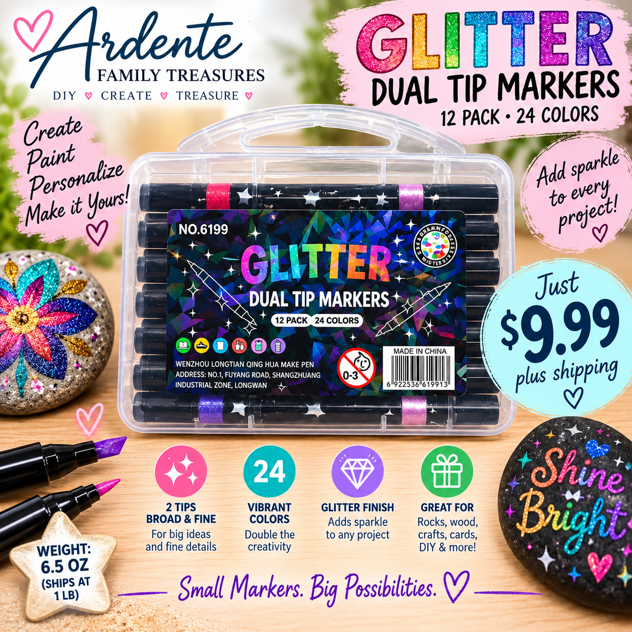Glitter dual tip markers, 12 pack with 24 colors