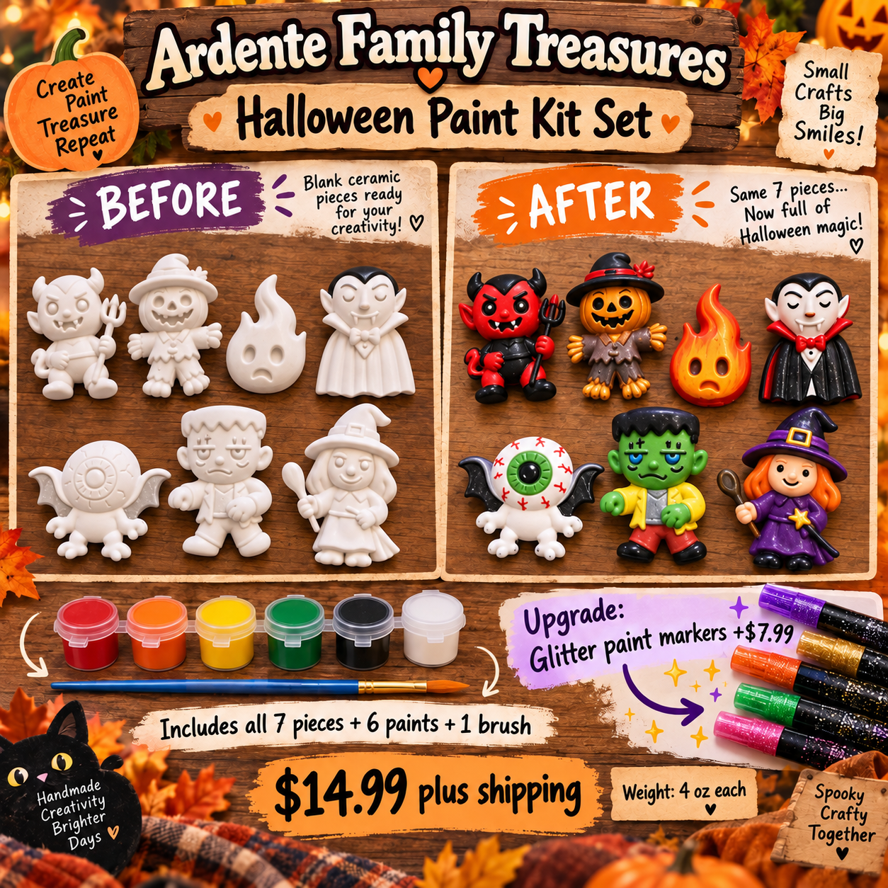 Halloween Friends seven-piece DIY paint kit before and after